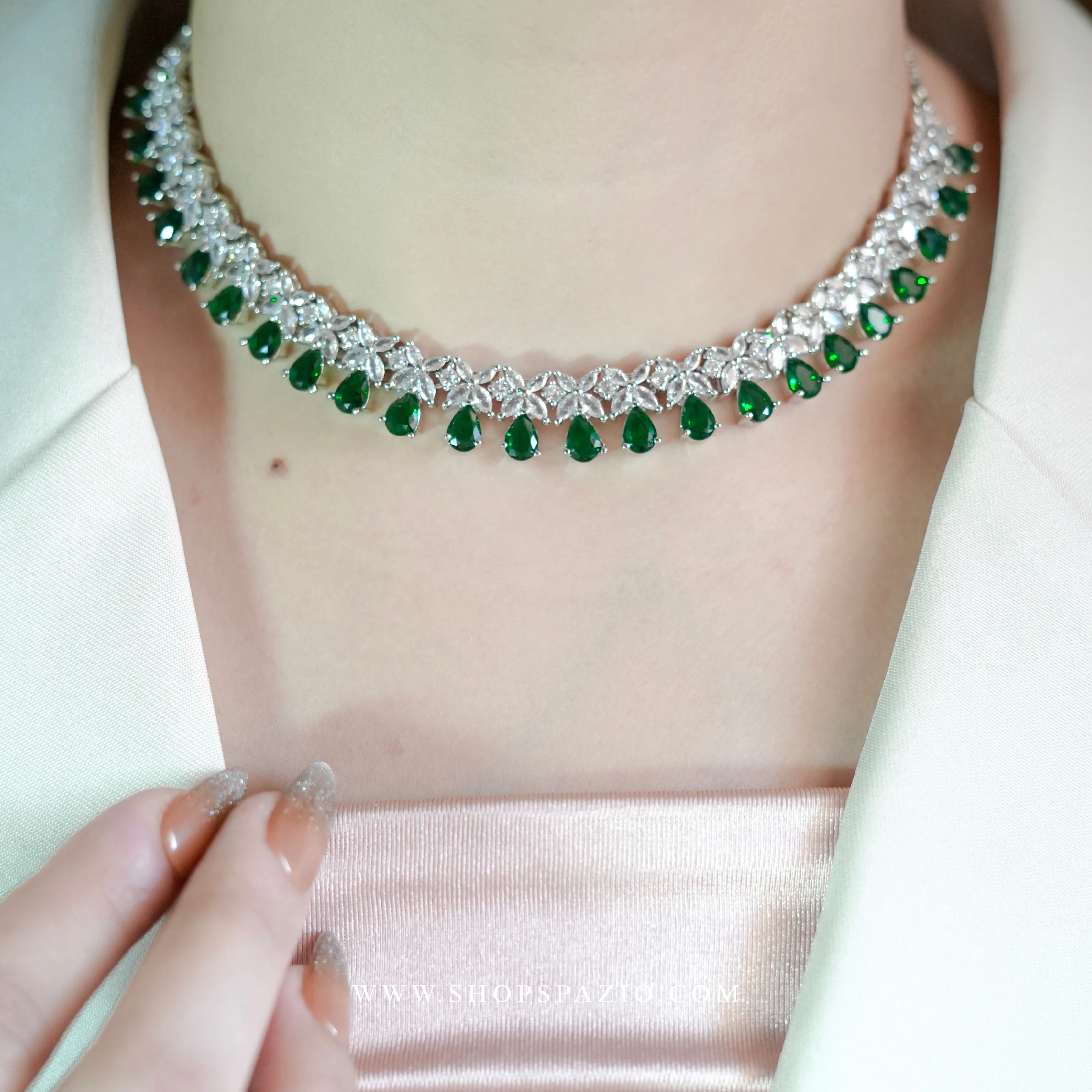 CZ Blossom Necklace Set - Emerald Green - Image 3