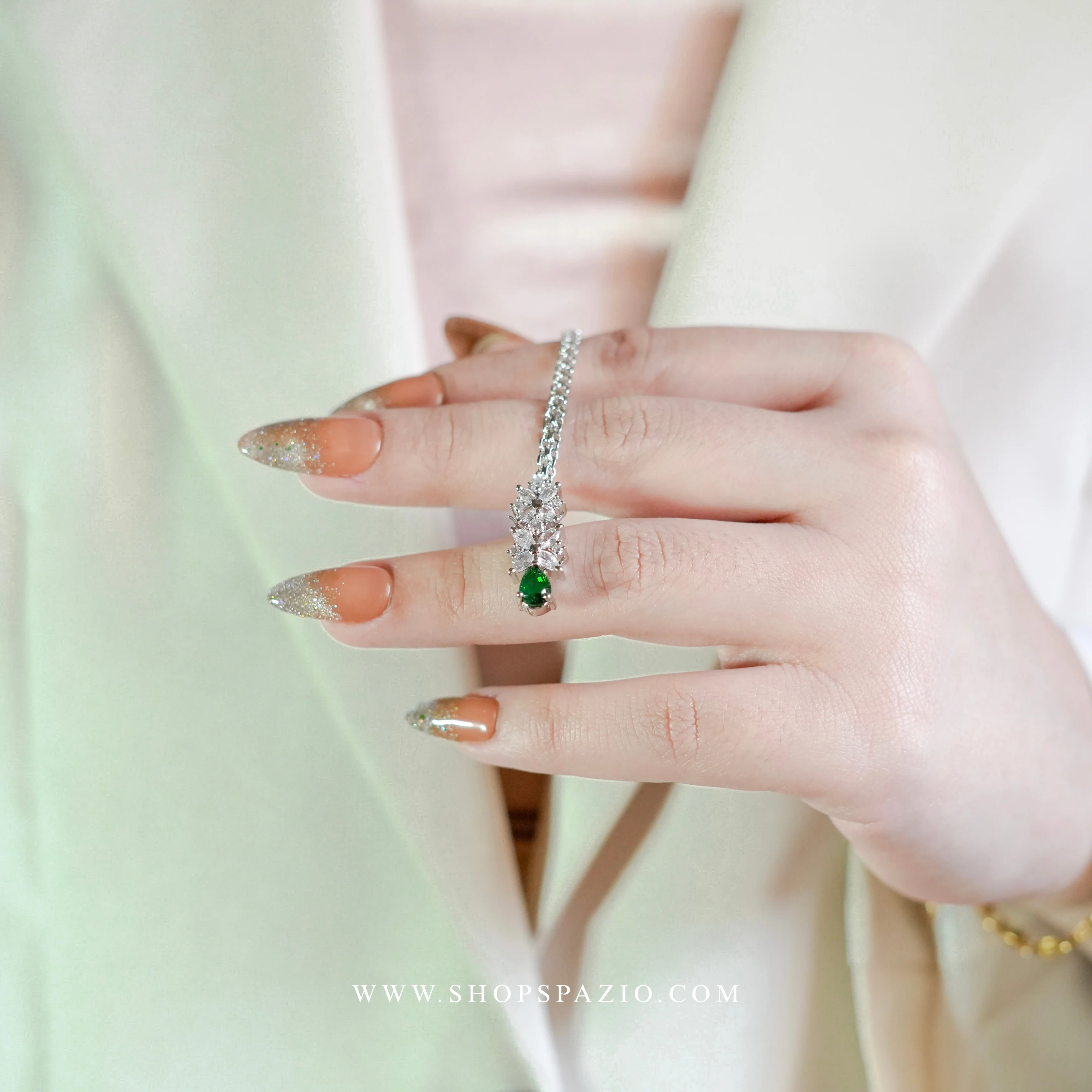 CZ Blossom Necklace Set - Emerald Green - Image 4