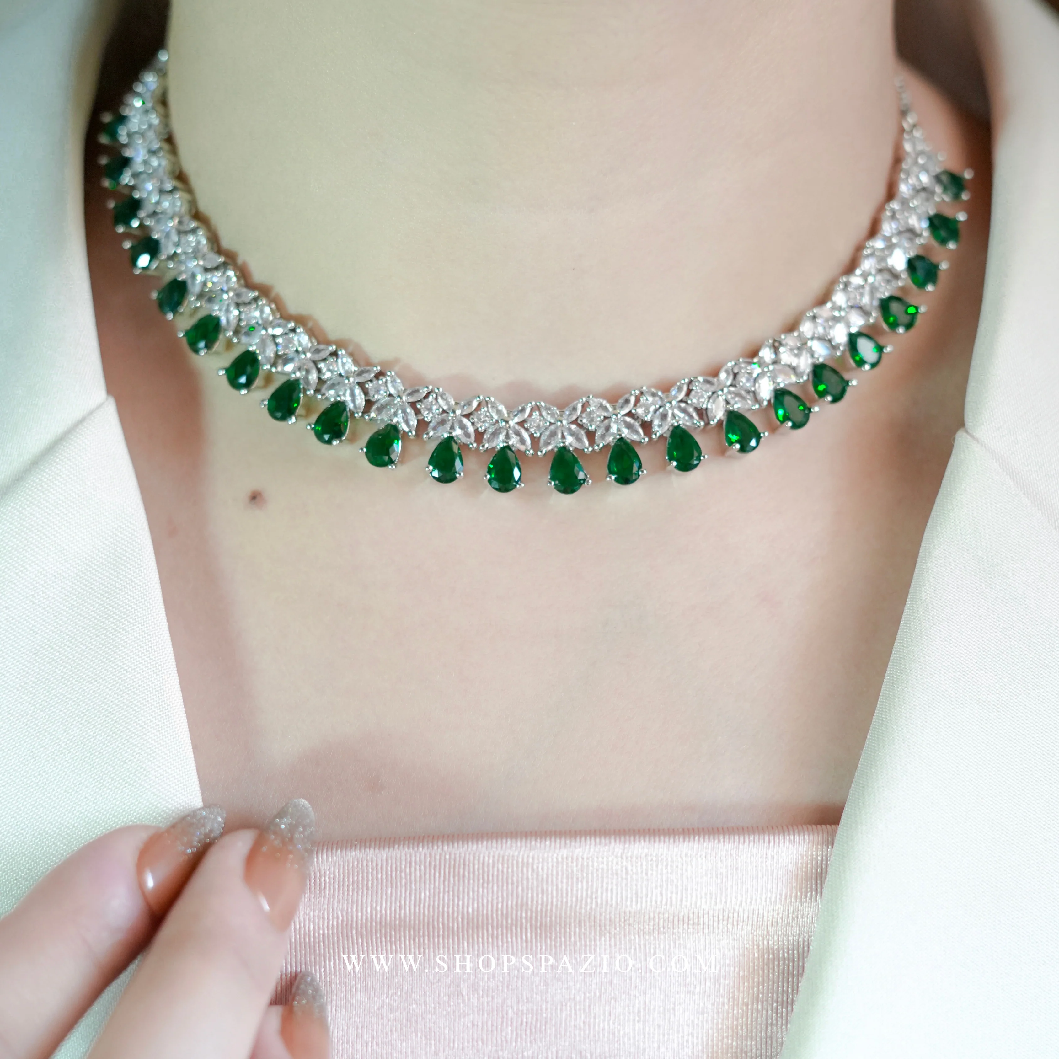 CZ Blossom Necklace Set - Emerald Green - Image 6