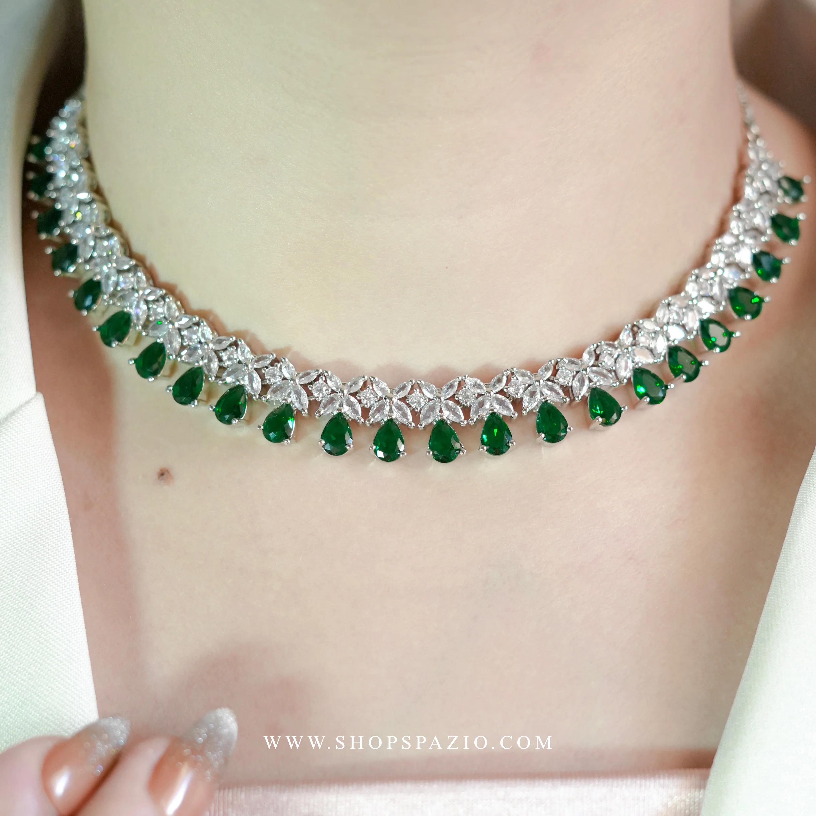 CZ Blossom Necklace Set - Emerald Green - Image 7
